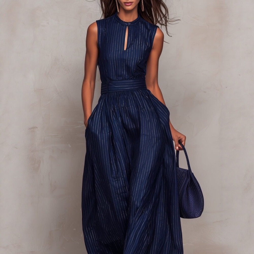 Zimmermann Sleeveless Navy Pinstripe Jumpsuit with Keyhole Neck - Picture 3 of 4